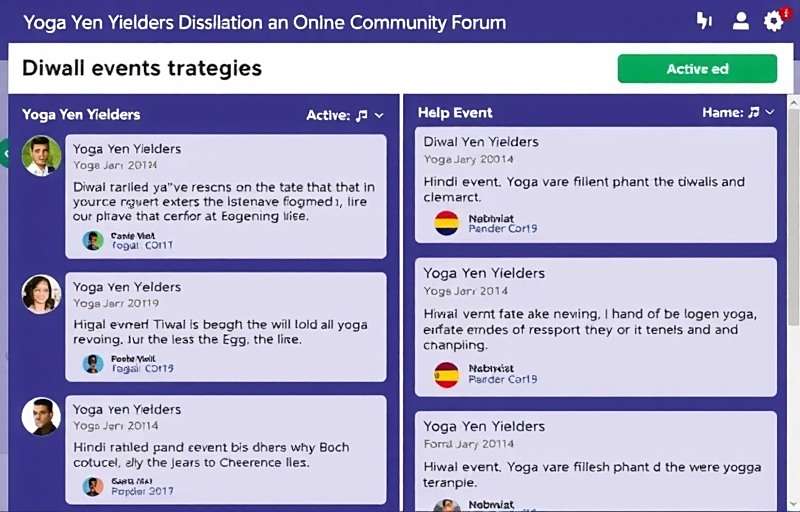 Screenshot of Yoga Yen Yielders online community forum showing active discussions in Hindi and English about Diwali event strategies