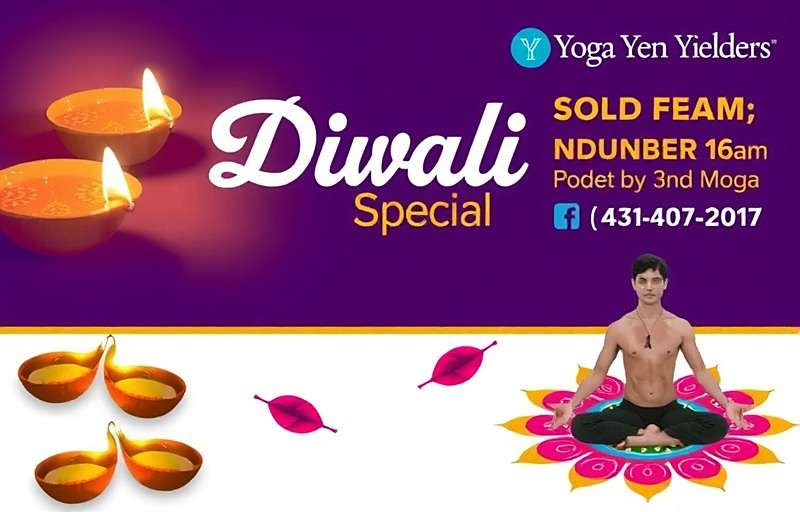 Yoga Yen Yielders Diwali special event poster with traditional oil lamps, rangoli patterns, and a yoga practitioner in a meditative pose