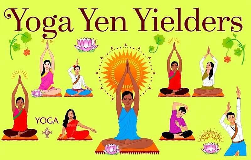 Yoga Yen Yielders game cover showing various yoga poses with Indian cultural elements like lotus flowers and traditional patterns