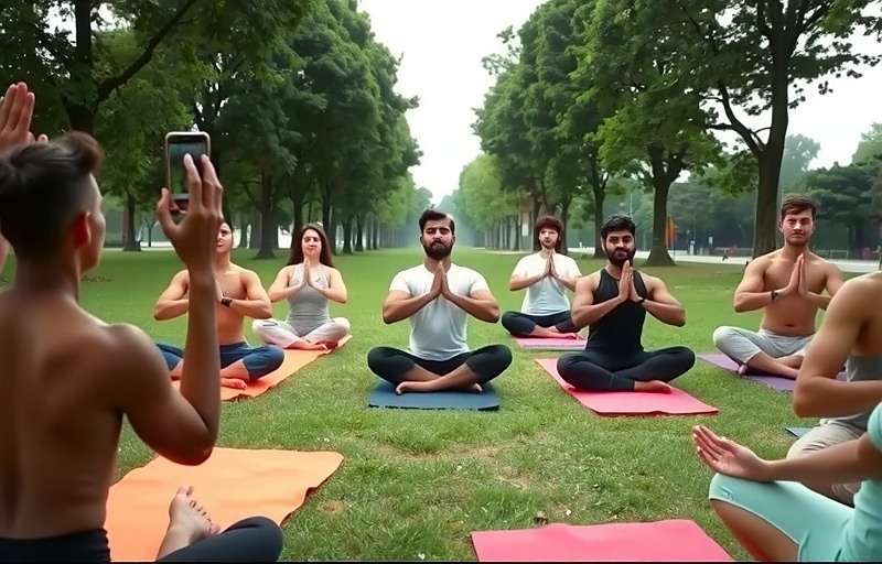 Group of Indian players doing yoga together in a park using Yoga Yen Yielders app on their phones