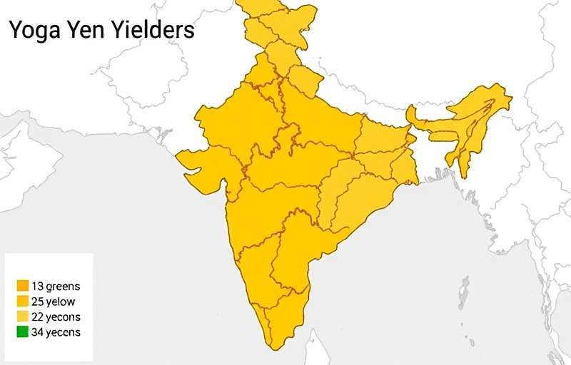 Map of India showing regional popularity of Yoga Yen Yielders with color coding from green (high) to yellow (medium)