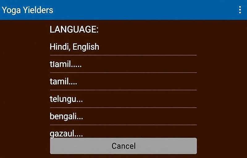 Yoga Yen Yielders app showing language selection screen with options for Hindi, English, Tamil, Telugu, Bengali, and other Indian languages
